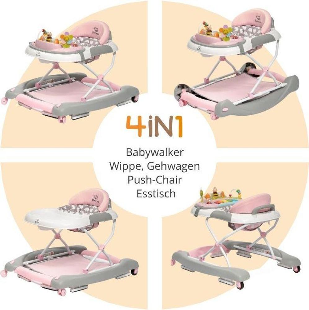 BRONEA® 4-in-1 Gehfrei Baby ab 6 Monate | Lauflernwagen Schaukel Spielpaneel mit Licht & Musik | Lauflernhilfe mit leisen Rollen und Bremsen - Pink