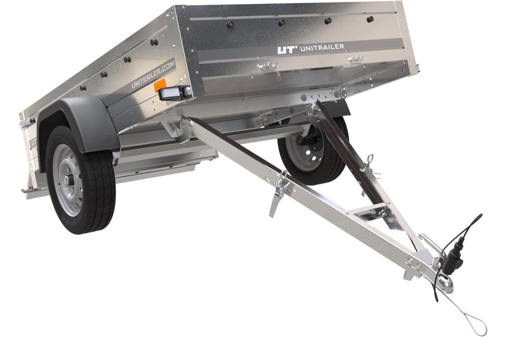 Car trailer GARDEN TRAILER 201 TIPP with mesh side extensions, support wheel and flat tarpaulin