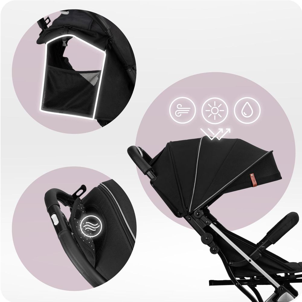 MoMi ESTELLE LIGHT – Ultraleichter Baby Kompaktbuggy 7,7 kg mit Einhand-Faltung, Trolley-Funktion & XL-Dach, ideal für Reisen – Schwarz/Silber