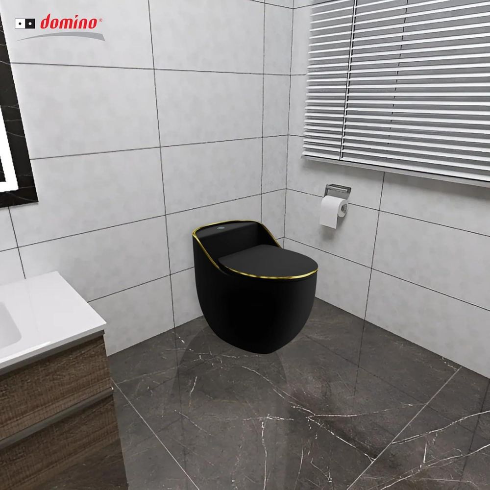 LAVITA Einteilige Stand-WC mit eingebautem Spülkasten SILIA RIM BLACK/GOLD LINE | Komplett-Set | WC deckel | Keramik WC Spülrandlos |Toilettenschüsse|