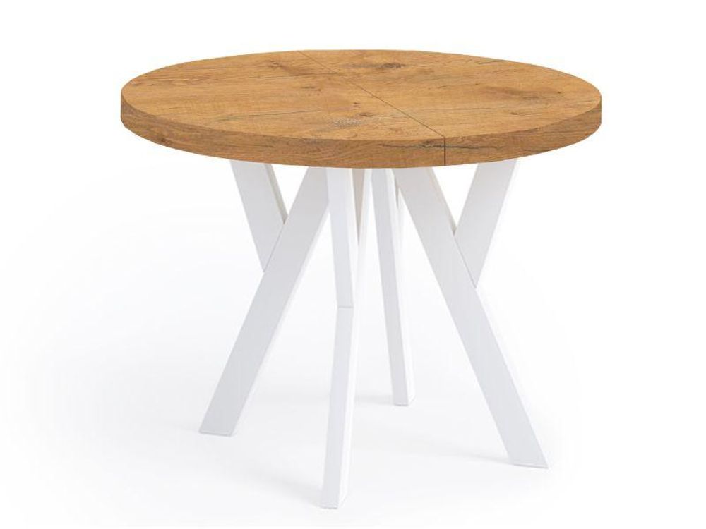 Runder Ausziehbarer Tisch für Esszimmer, PERO, Loft-Stil, Skandinavische, Durchmesser: 110 / 210 cm, Farbe: Eiche Lancelot / Weiss