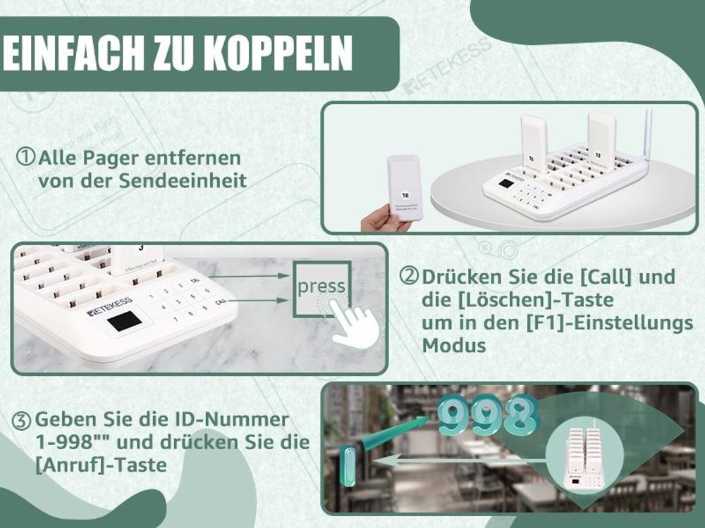 Retekess TD157 Bezdrátový vyvolávací systém, systém pro volání zákazníků se 2 režimy volání + dálkové volání, 16 pagerů 998 kanálů pro bar v nemocnici a restauraci(bílá)