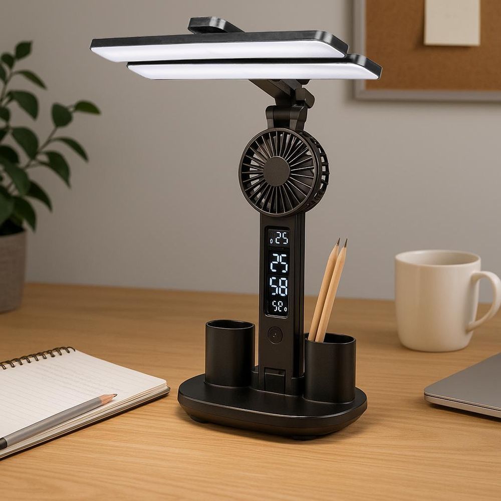 Schreibtischlampe mit einstellbarer Helligkeit, energiesparend, schwarz, multifunktional.
