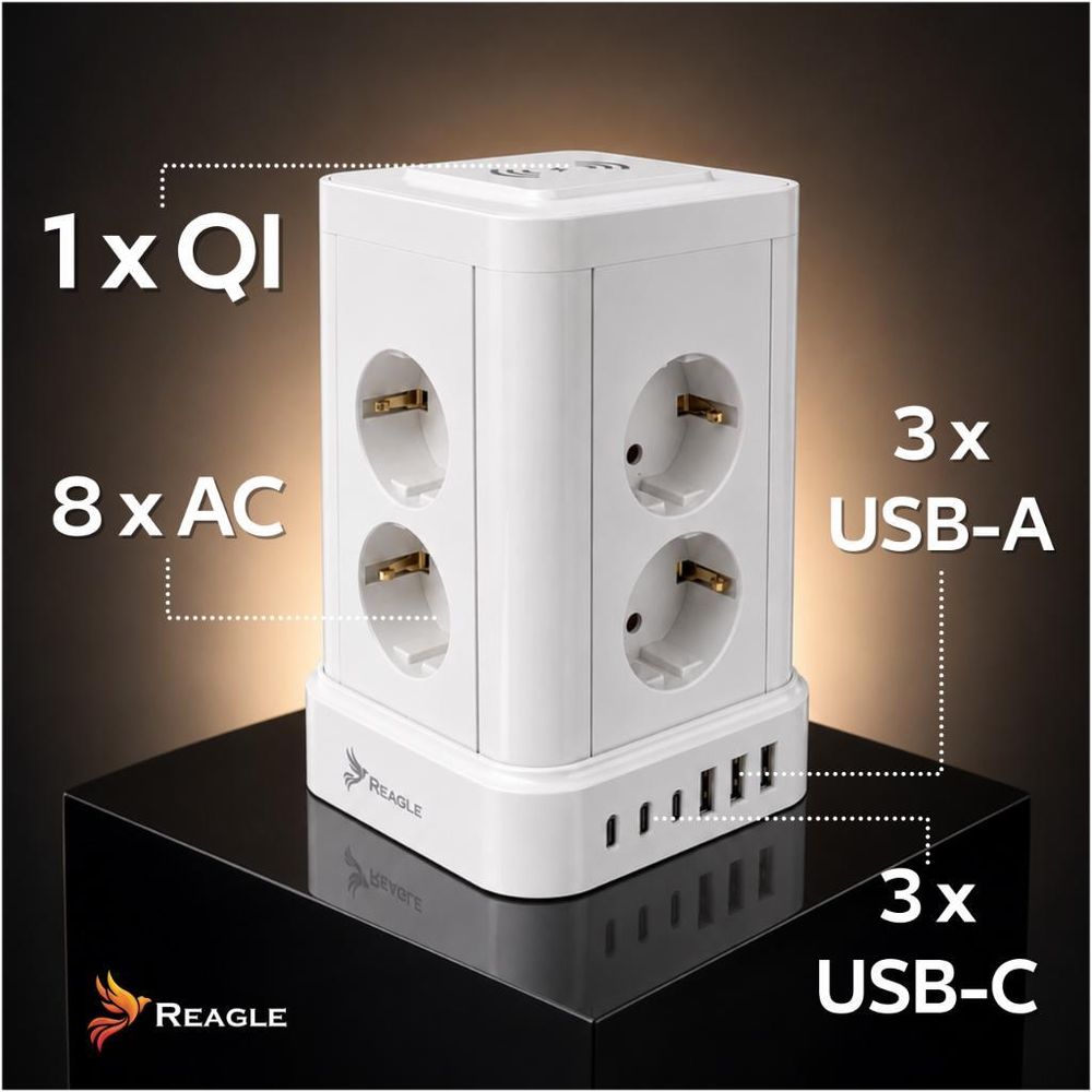 Reagle Steckdosenturm 8-fach & 6 USB (3x USB-C), 3m Kabel, Vertikale Mehrfachsteckdose mit kabellosem Laden, Überspannungsschutz 2500W, Weiß