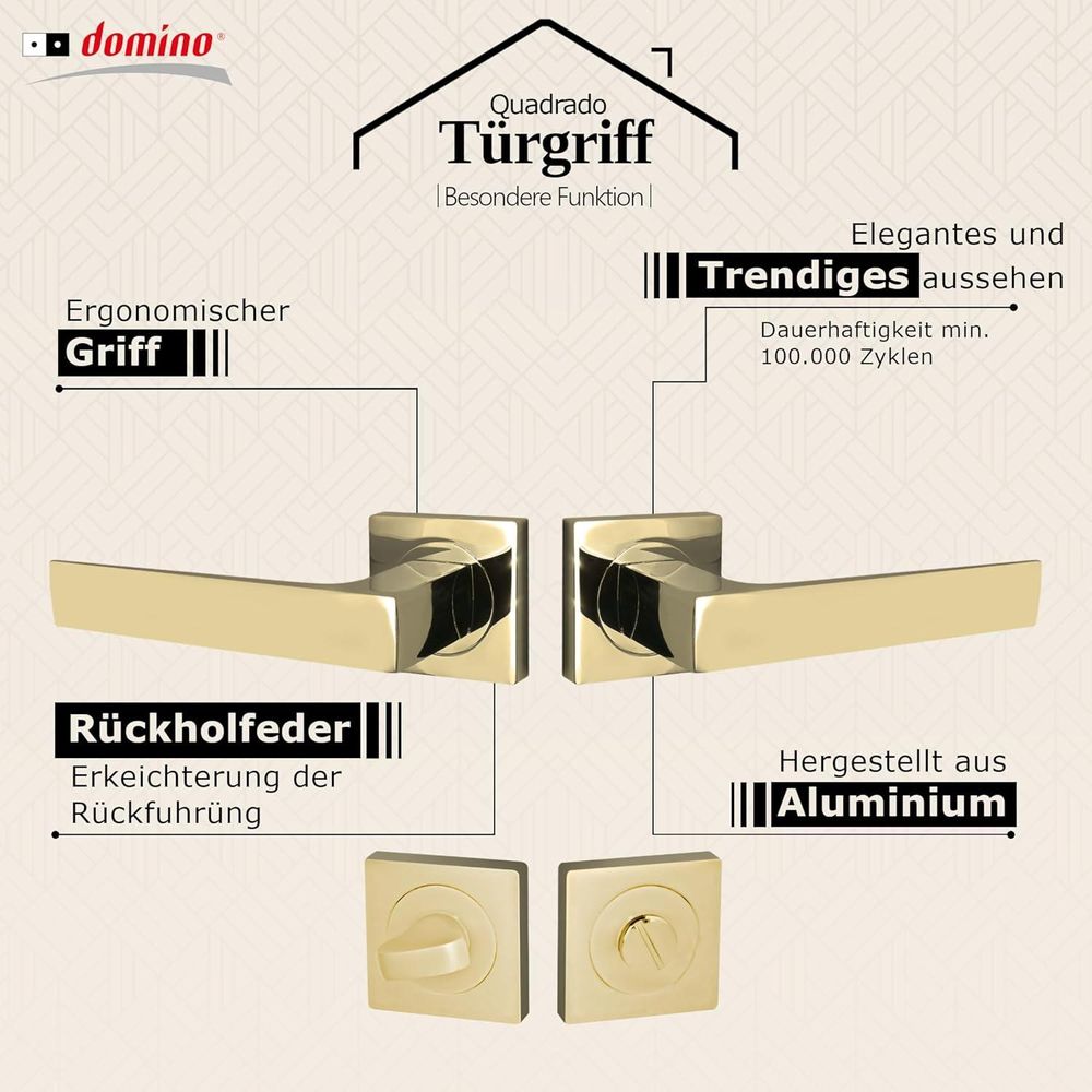 Domino Türgriff QUADRADO-QR M1 Drückergarnitur WC - Badezimmer Set mit quadratischen Rosetten für Badezimmertüren Rosetten-Garnitur aus Aluminium