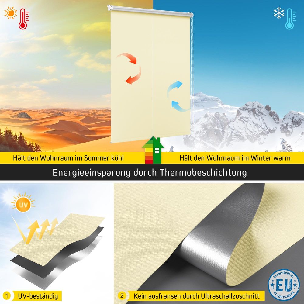 Thermorrollo Verdunkelungsrollo Fenster ohne Bohren 90x120cm grau JALOUSIESCOUT