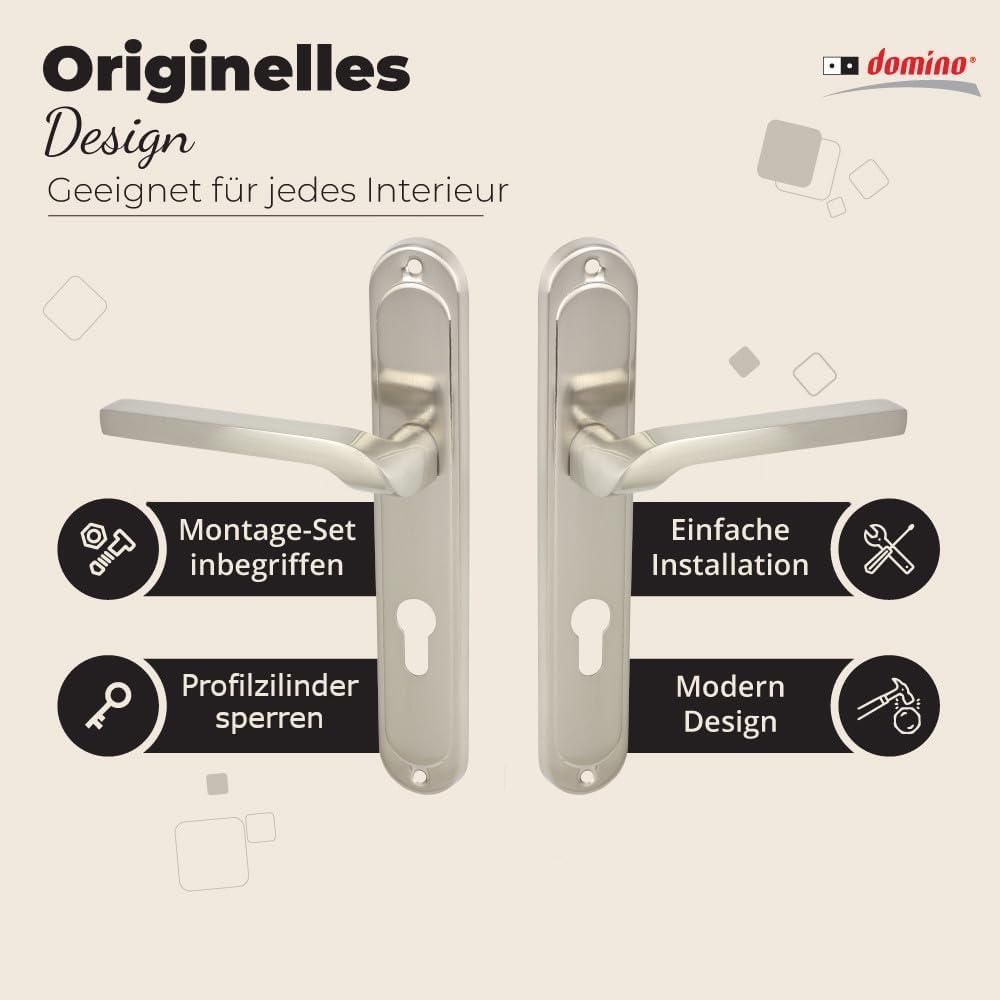 DOMINO Türgriff 72 Drückergarnitur PZ-Profilzylinder Set| Türklinke für Zimmertür, Bürotür, Kellertür & Innentür | L-Form | Aluminium |Nickel| NEMO M9