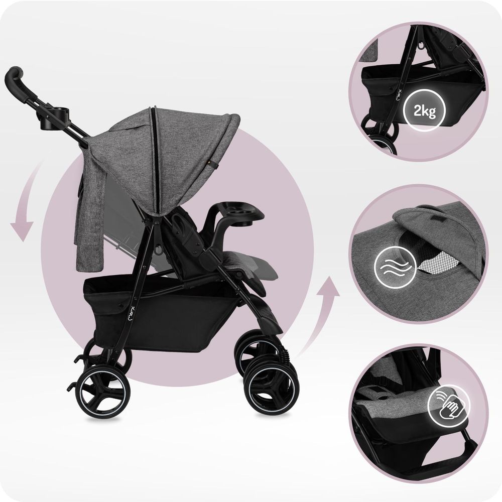MoMi ISLA – Ultraleichter Baby Kompaktbuggy ab Geburt, verstellbar mit Sonnenverdeck, inkl. Organizer, Fußsack & Tasche, ideal für Reisen – Grau