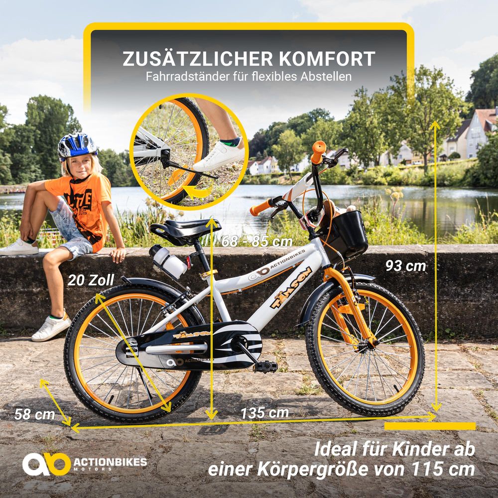 Actionbikes Kinderfahrrad Timson 20 Zoll | Kinder Fahrrad - V-Brake Bremsen - Kettenschutz - Fahrradständer - Fahrradkorb - 6-9 Jahre (Orange/Weiß)