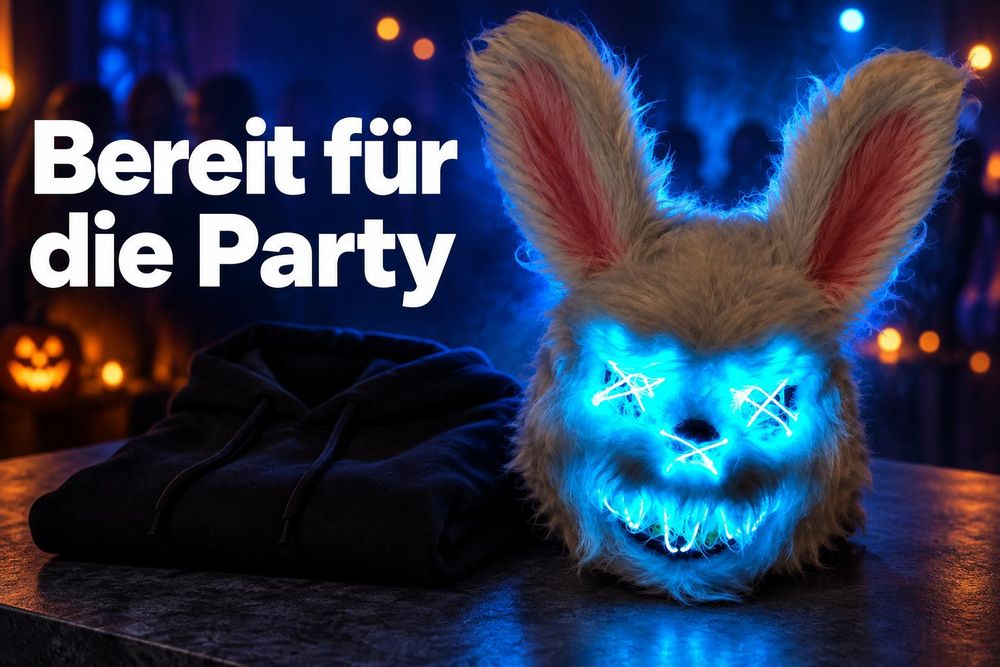 Hasenmaske mit blauem Leuchtmotiv auf dunklem Untergrund neben schwarzer Kleidung