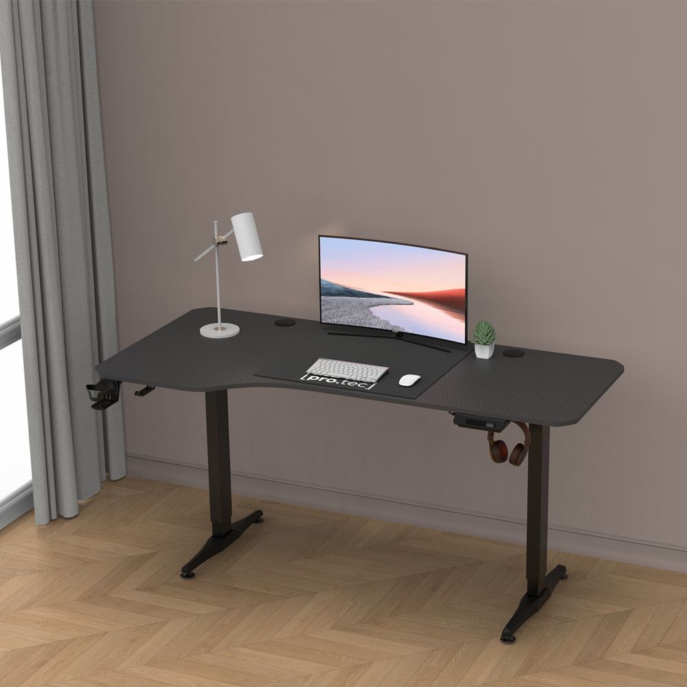 Höhenverstellbarer Tisch Oxnard 160 x 75 cm elektrisch Schreibtisch mit Memory-Funktion Arbeitstisch bis 80 kg Computertisch mit Getränkehalter Kopfhörerhaken Aluminiumgestell Schwarz