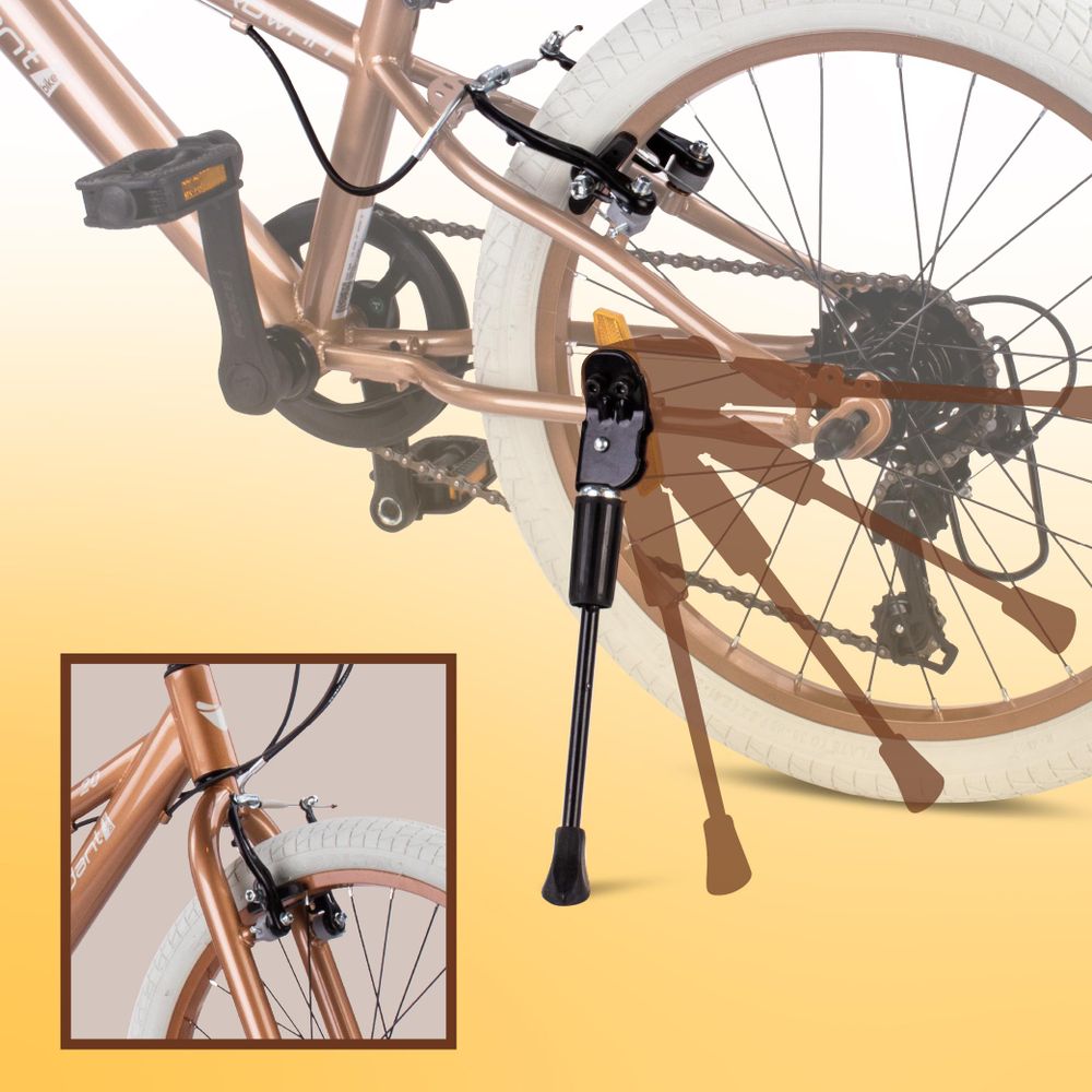Detalle de la pata de apoyo y freno V-brake de la bicicleta