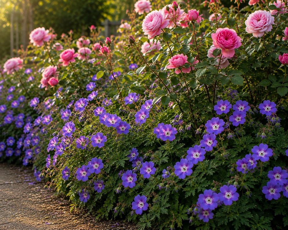 Geranium Rozanne wächst über Mauerkante am Gartenweg
