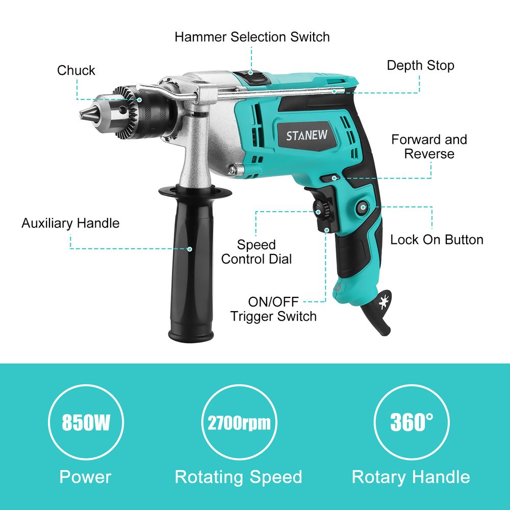 STANEW Schlagbohrmaschine 850W mit Kabel, 2 in 1 Schnur-Schlagbohrer 0–2700 U/min, 27 Zubehörteilen, 360° Drehgriff & 0-13mm Bohrfutter