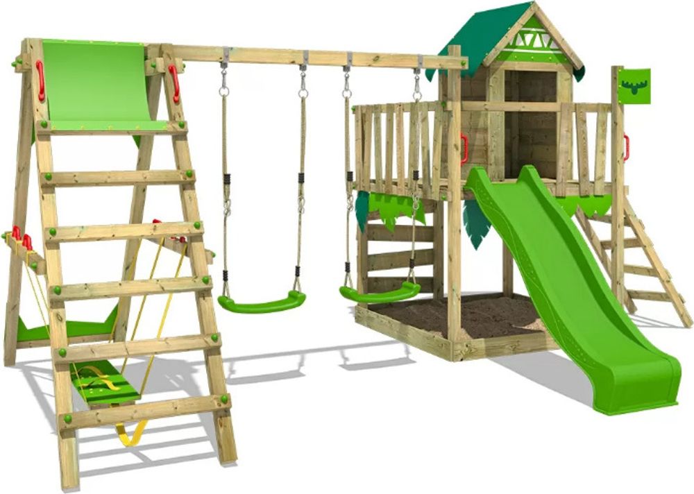 Spielturm Fatmoose JazzyJungle Jam XXL mit Surfanbau und Rutsche in Hellgrün