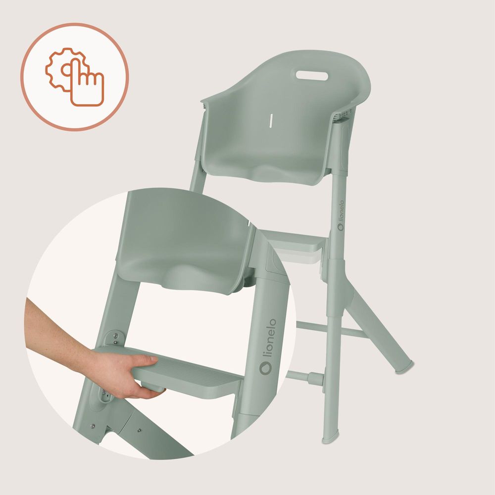 Lionelo Beny Baby Hochstuhl mit 3-Punkt-Gurt, verstellbarem Tablett & Fußstütze, platzsparend, 6–36 Monate bis 15 kg - Grün