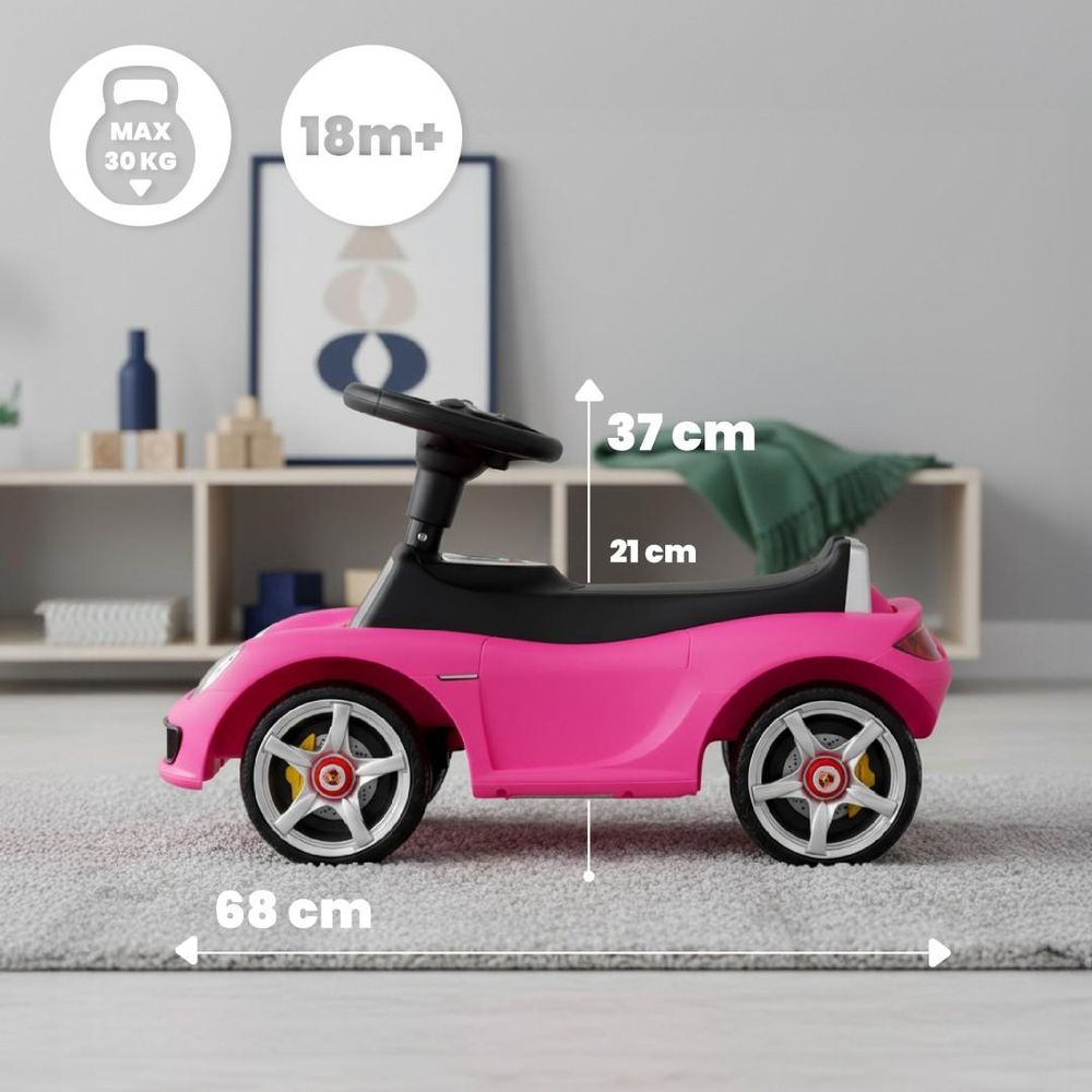 Seitenansicht des pinken Rutschautos mit Maßangaben und Altersempfehlung