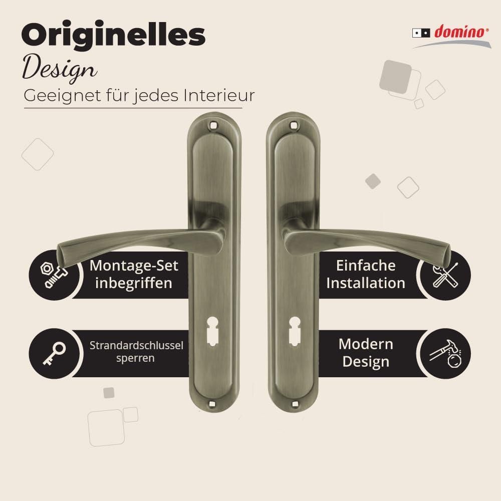 DOMINO Türgriff 72 Drückergarnitur BB-Buntbart Set | Langschildgarnitur | Türklinke für Zimmertür, Bürotür, Kellertür & Innentür | L-Form | Türbeschläge aus Aluminiuml |Bronze Türdrückergarnitur |ROMANA M3