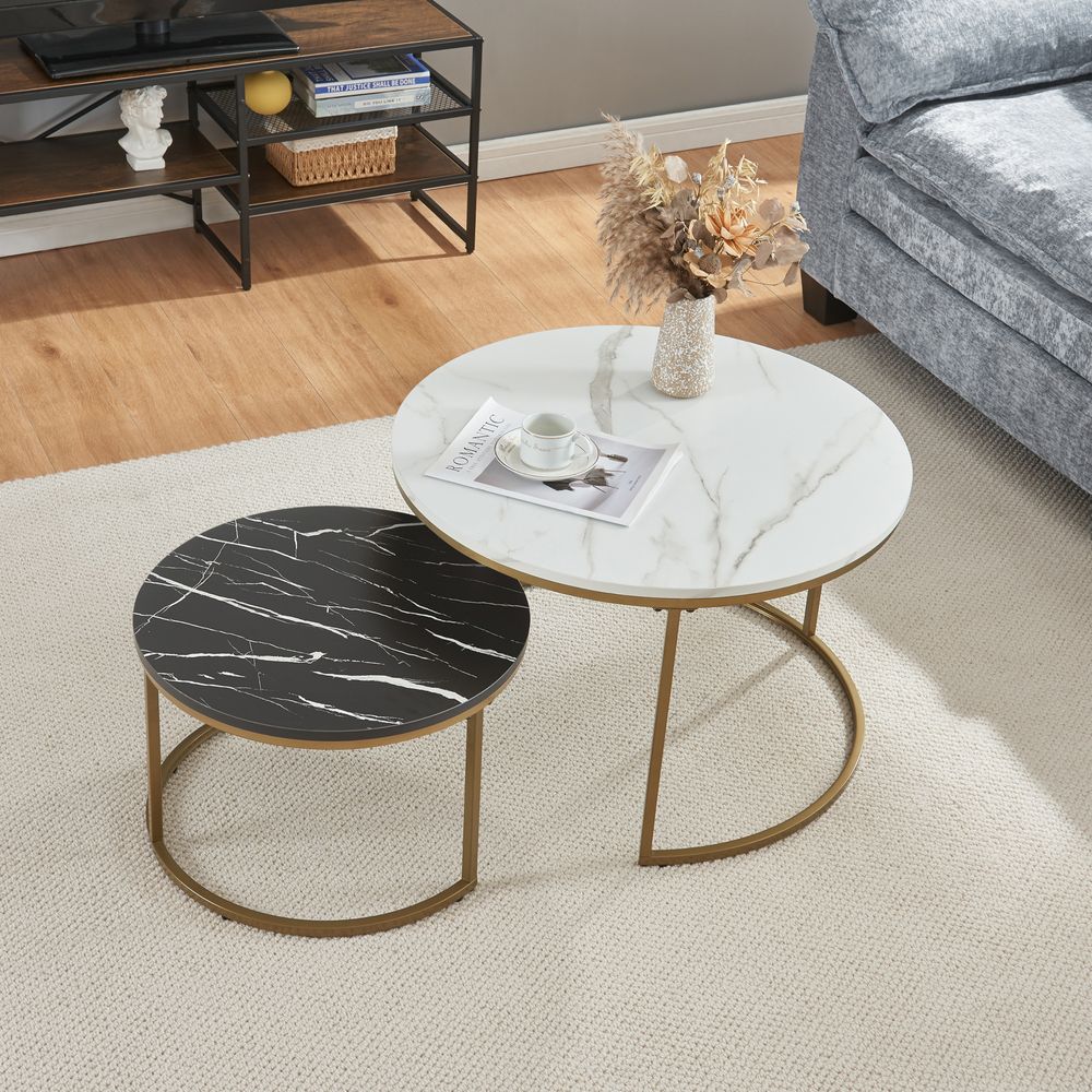 Couchtisch ’Christchurch’ 2er Set Satztisch Metallgestell Marmoroptik, Weiß/Schwarz/Gold