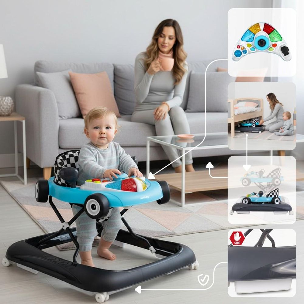 Chodzik Sun Baby w salonie, pokazany sposób składania i przechowywania