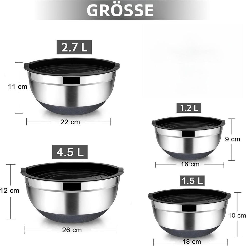 4er Set Küchenschüsseln Salatschüssel Schüssel mit Deckel Silikon Edelstahl Rühr Salat Servier Teig Schalen Set
