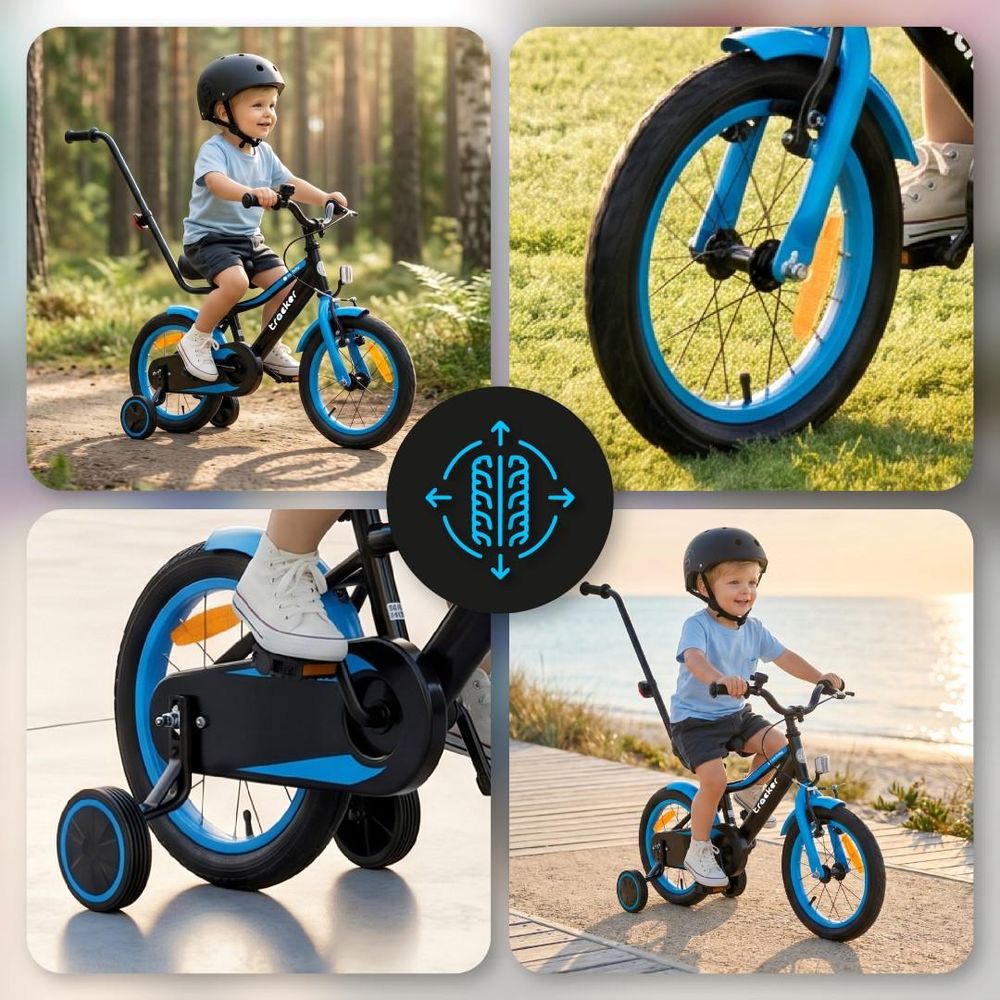 Dettaglio delle ruote MTB e bambino che pedala su diversi terreni.
