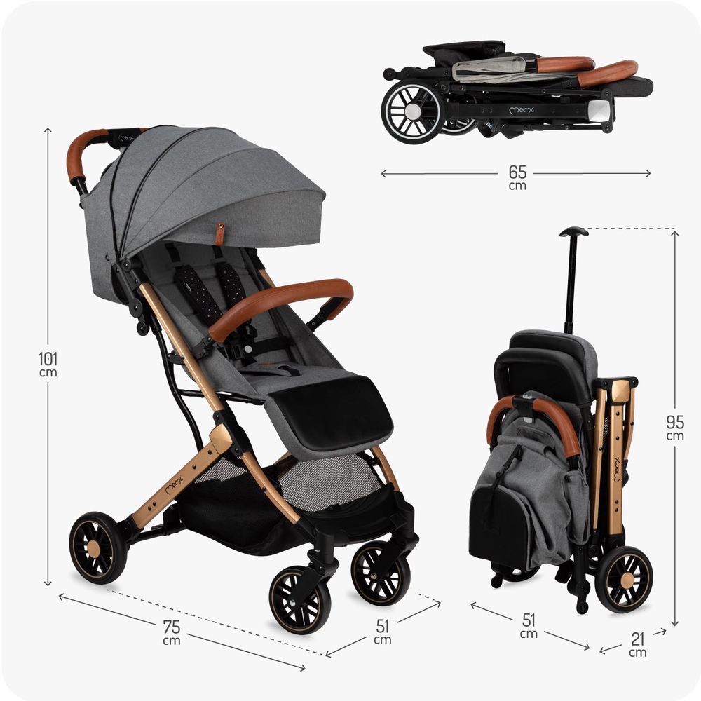 MoMi ESTELLE – Ultraleichter Baby Kompaktbuggy 7,7 kg mit Einhand-Faltung, Trolley-Funktion & Liegeposition, ideal für Reisen – Grau/Gold