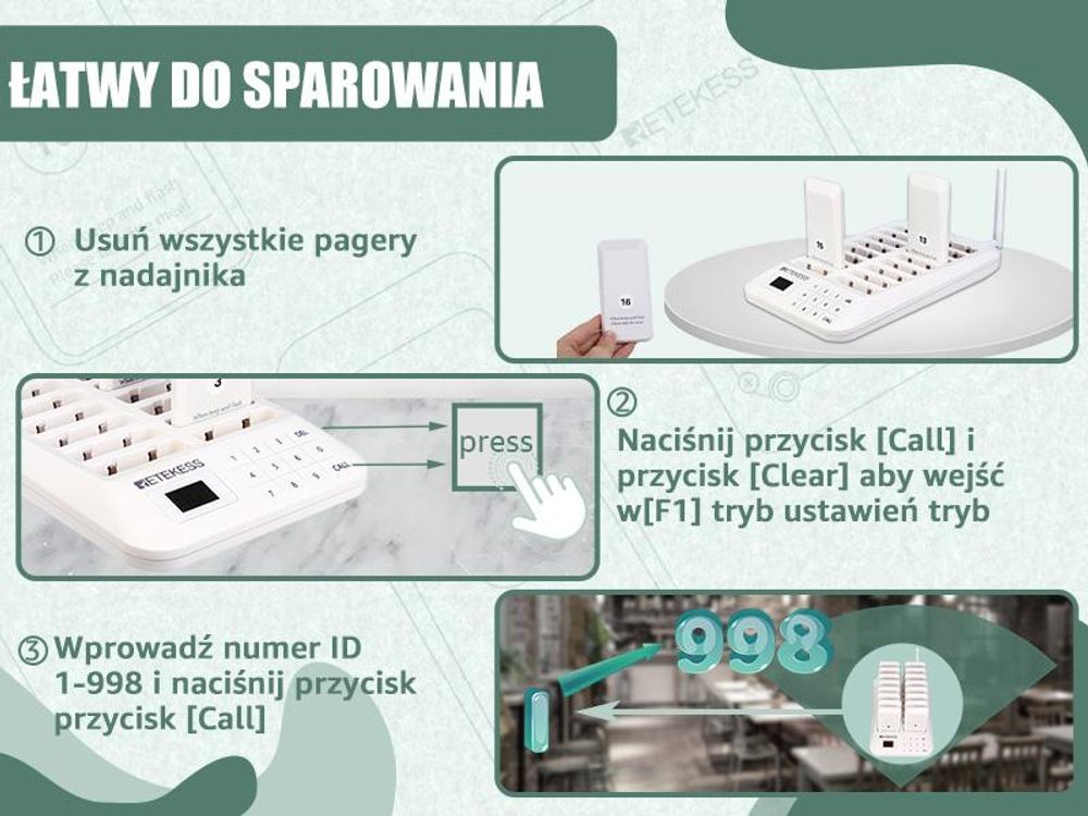 Retekess TD157 Bezprzewodowy system przywoławczy, system przywoławczy klienta z 2 trybami wywoływania + zdalne wywołanie, 16 pagerów 998 kanałów dla szpitala i baru restauracyjnego (biały)