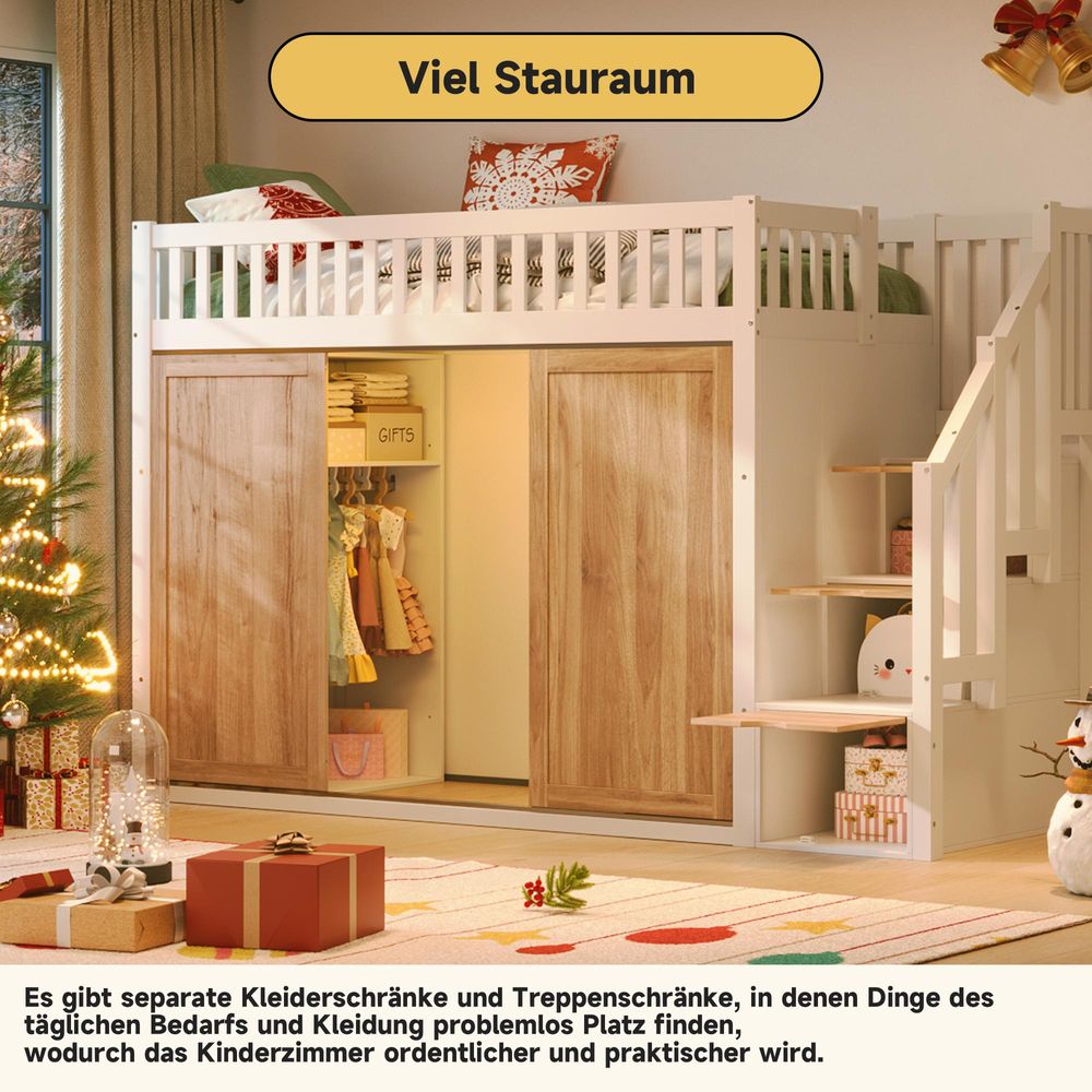 Flieks Etagenbett 90x200cm mit Kleiderschrank und Led, Hochbett mit Treppe und Schubladen, Kinderbett Jugendbett Einzelbett mit Lattenrost, Weiß