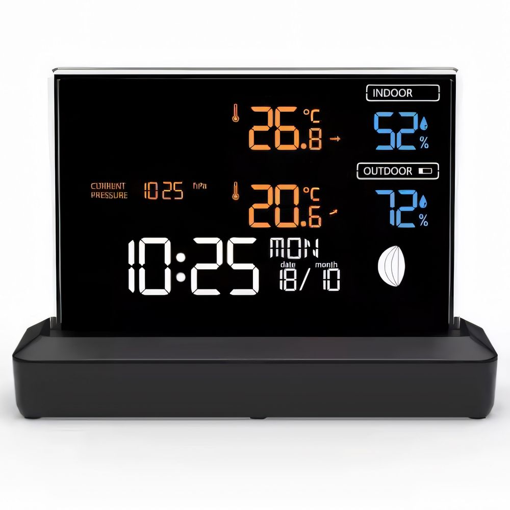 Funk-Wetterstation mit Wecker und Farbdisplay, Außensensor Schimmelwarner Hygrometer Barometer Datumsanzeige Mondphase Frostalarm Schwarz Retoo