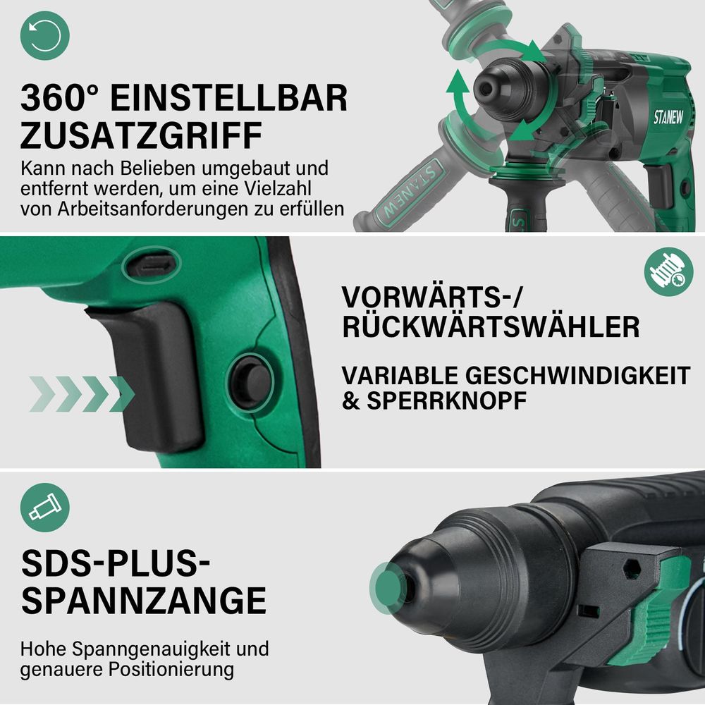 STANEW Bohrhammer 950 W kabelgebundener SDS-Plus mit 16 Zubehörteilen, 0–1150 U/min/5100 BPM Schlagbohrmaschine mit 4 Funktionen und Sicherheitskupplu