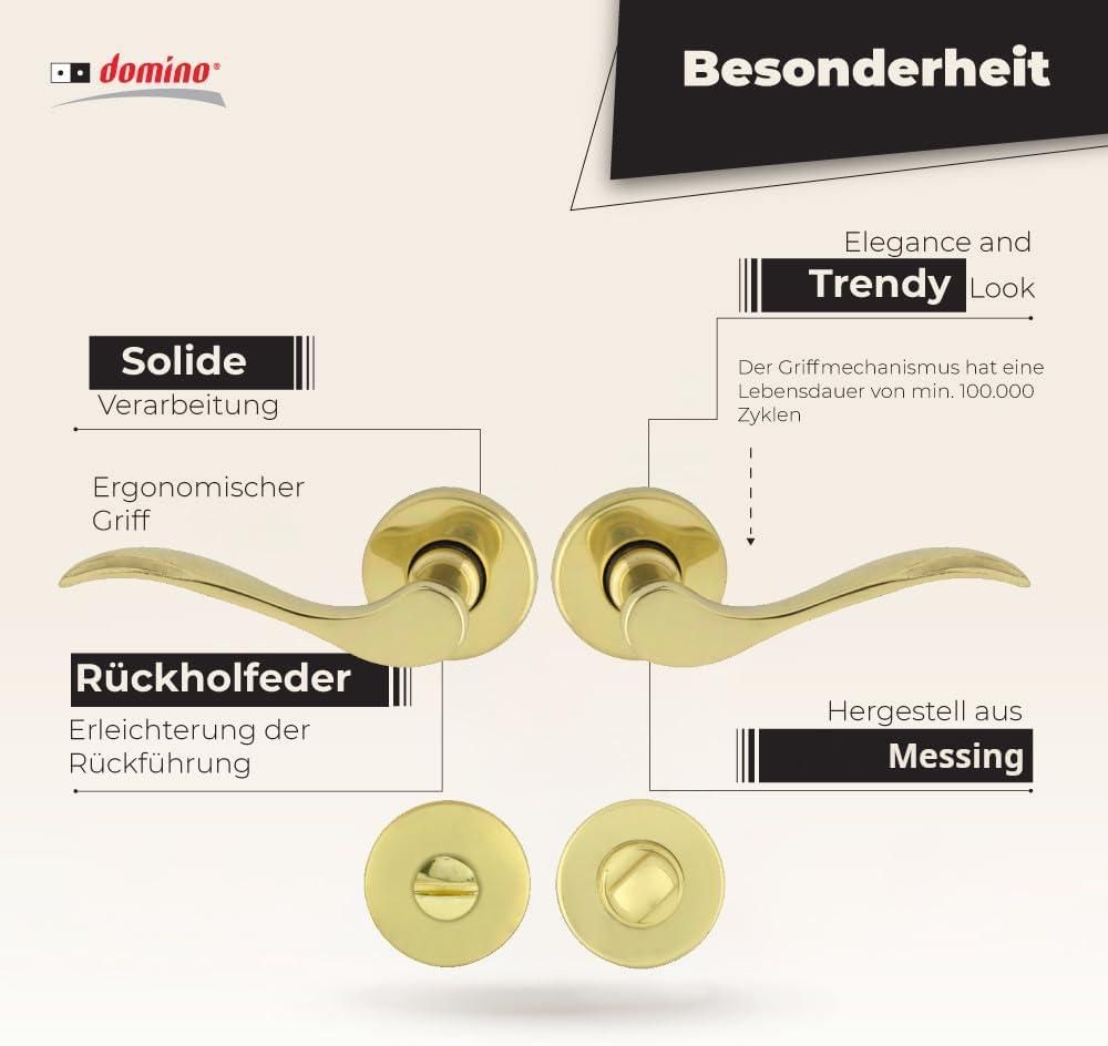 DOMINO Türgriff Drückergarnitur WC -Badezimmer Set | Rund-Rosette | Türklinke für Bürotür, Kellertür & Innentür | Türbeschläge aus Messing |Messing Glänzend Türdrückergarnitur | VENUS-R M1