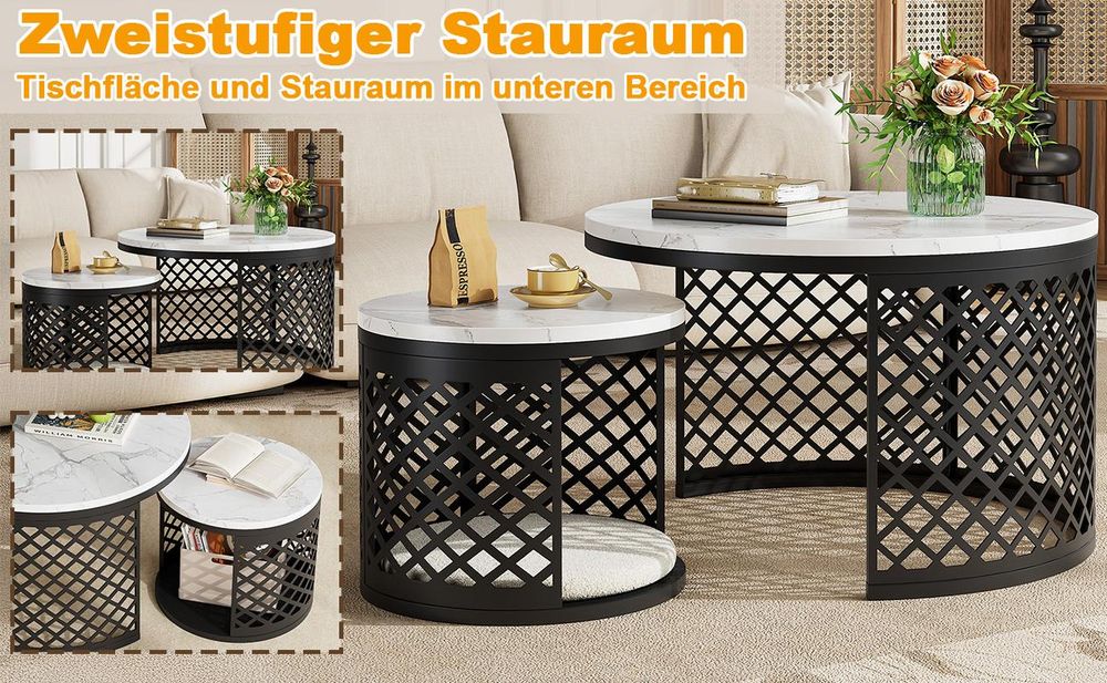okwish 2-in-1-Couchtisch mit Stauraum, Sofatisch Tischplatte in Marmoroptik,Gitter-Hohlraum-Design, Schwarz
