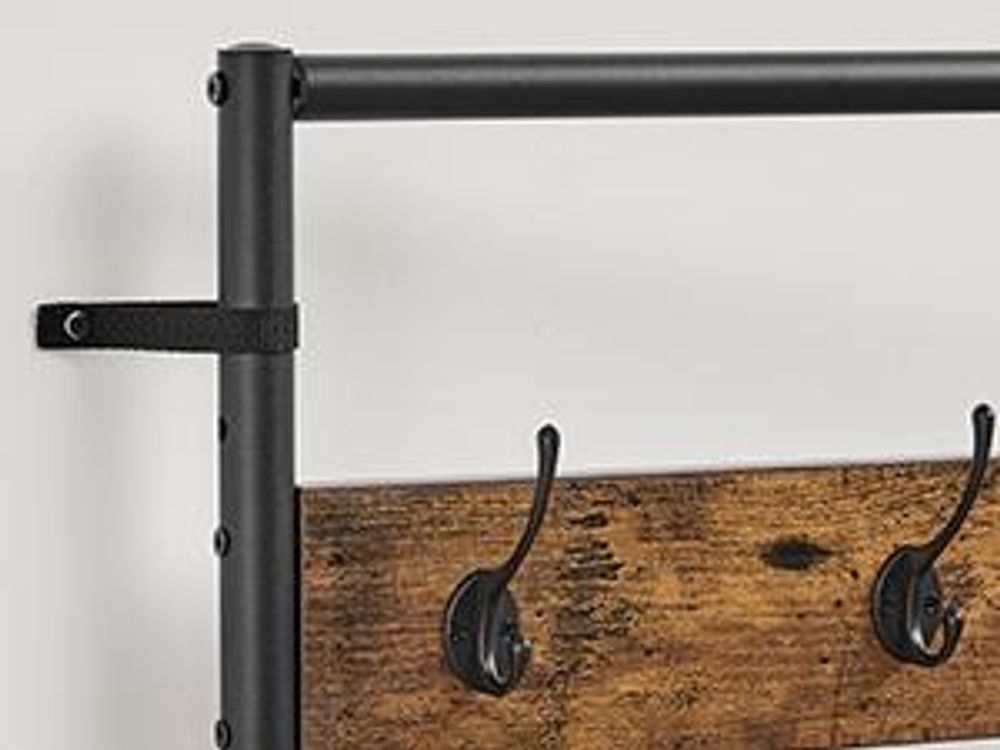 VASAGLE Kleiderständer, Garderobe, Garderobenständer mit Haken, Spiegel, Sitzbank, 35 x 98 x 180 cm, für Eingangsbereich, Schlafzimmer, Wohnzimmer, Industrie-Design, vintagebraun- schwarz HSR415B01