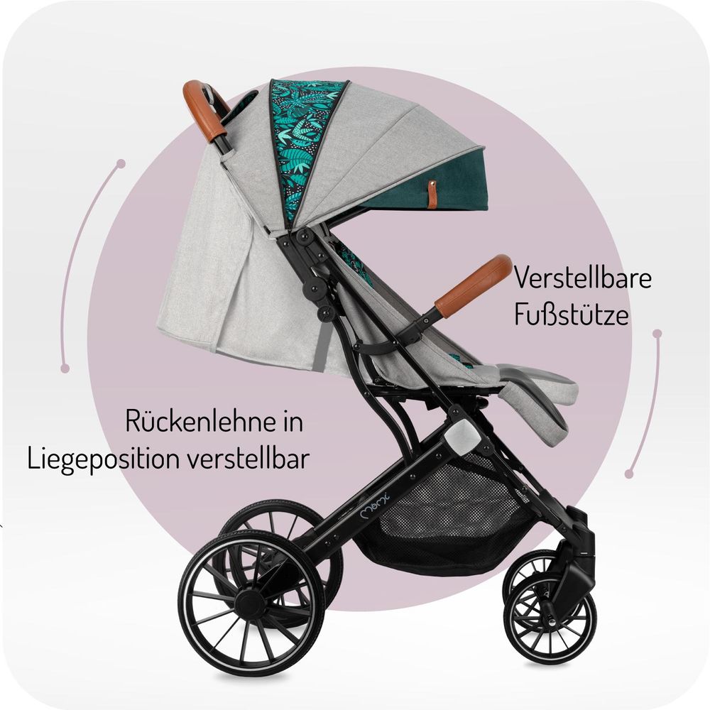 MoMi ESTELLE DAKAR – Ultraleichter Baby Kompaktbuggy mit XL-Rädern, Einhand-Faltung & Trolley-Funktion, inkl. Zubehör, ideal für Reisen – Grau/Grün