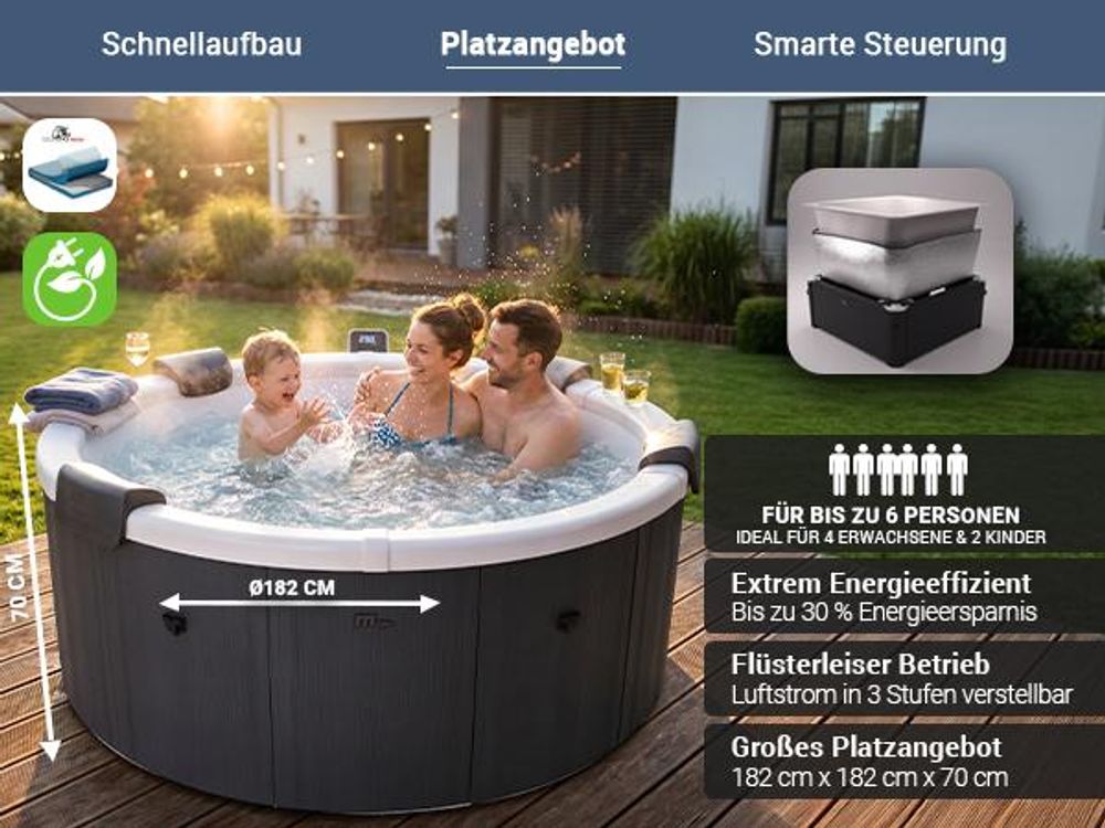 Miweba Whirlpool MSpa Frame Denver | 6 Personen - Outdoor Pool - Feste Außenwand - 130 Massagedüsen - Ganzjähriger Einsatz - Winterfest - 182x182x70cm
