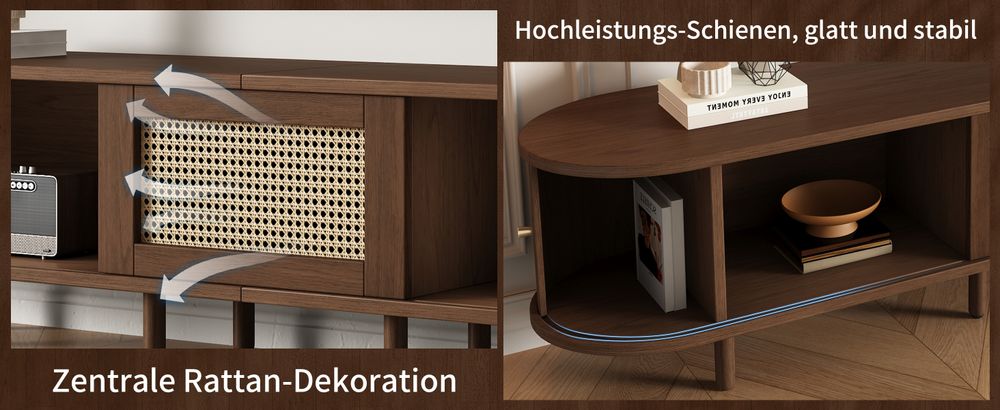 okwish TV-Schrank,Sideboard，Lowboard，Aufbewahrungsmöbel，Schrank mit Stauraum ，TV-Ständer für Wohnzimmer,verstellbare Füße,Rattan flechten， Dunkle Walnuss