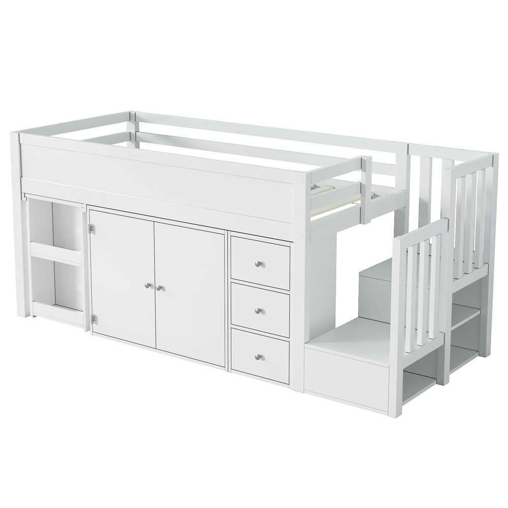 MODFU Kinderbett,Hochbett Jugendbett 90x200cm Multifunktionales Kinderbett, mit Ausziehbarem Schreibtisch  mit Schrank und Schublade, mit Treppe und Treppenschrank, Ohne Matratze, Weiß