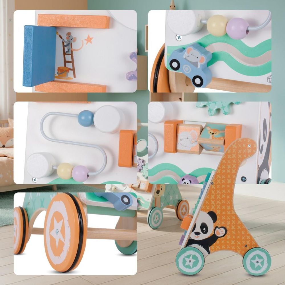 Close-up collage van details en speelelementen van de duwwagen