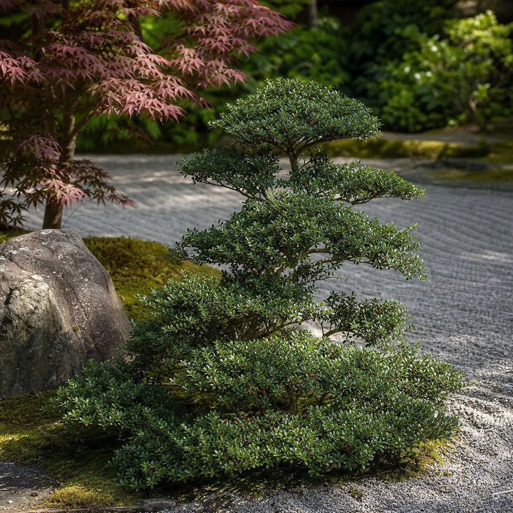 Japanisch inspirierte Szene: Ilex in Wolkenform zu Kies, Stein und Ahorn.