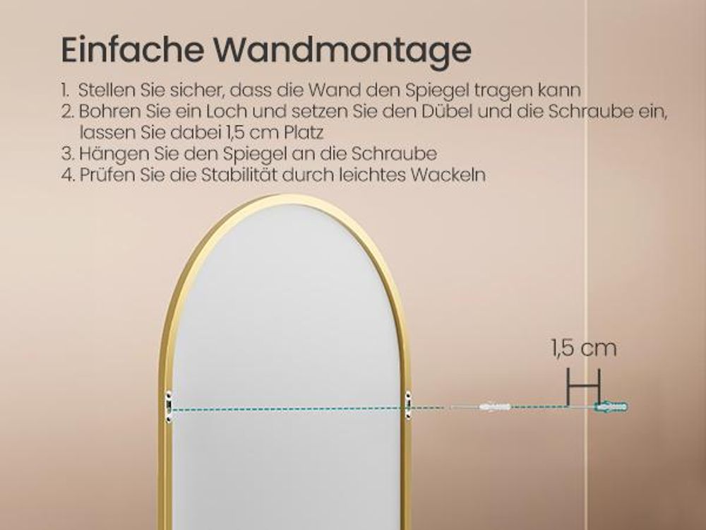 SONGMICS Ganzkörperspiegel mit Vergrößerungsspiegel, Sicherheitsglas, gewölbt, Spiegel gebogen, stehend oder wandmontiert, 165 x 60 cm, gold