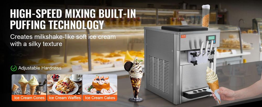 VEVOR Kommerzielle Eismaschine, 1800 W, 3-Geschmacksrichtungen, Softeismaschine Arbeitsplatte, 2 x 4 L Trichter, 2 x 1,8 L Zylinder, LCD-Bildschirm, Automatische Reinigung, Vorkühlung