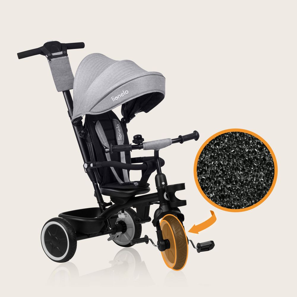 Multifunktionales Dreirad und Kinderwagen Lionelo Berry von 9 Monaten bis 5 Jahren bis zu 25 kg Große PolyurethanRäder, Dreirad-Drehsitz 360° Grau
