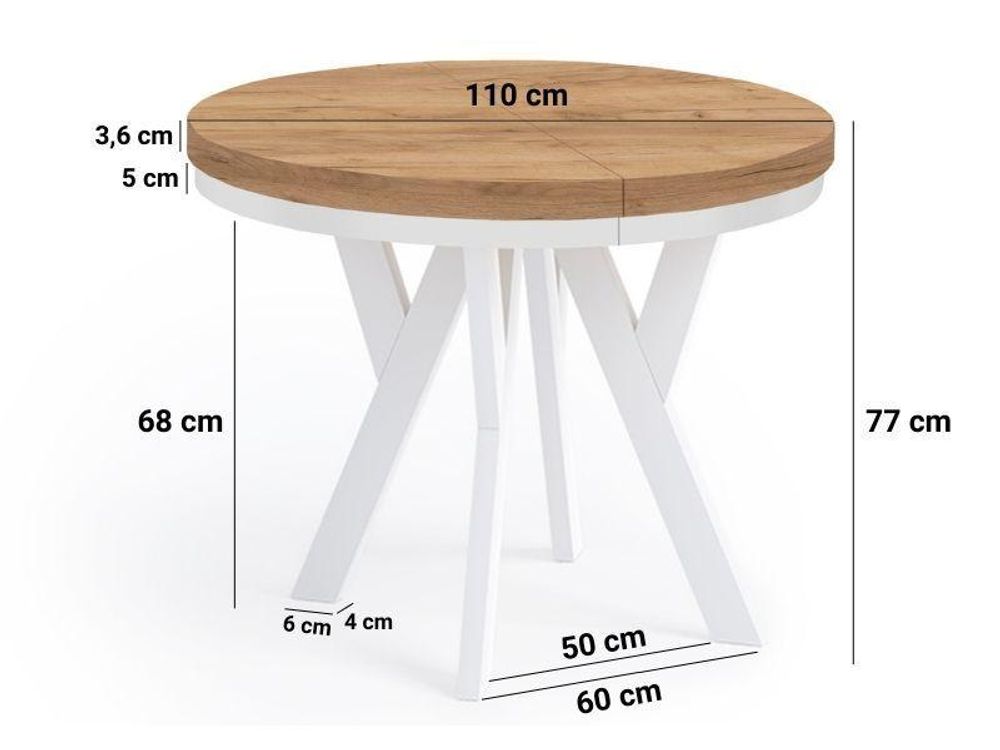Runder Ausziehbarer Tisch für Esszimmer, PERO mit einem Ring-Gestell, Loft-Stil, Skandinavische, Durchmesser: 110 / 210 cm, Farbe: Eiche Sonoma / Weiß