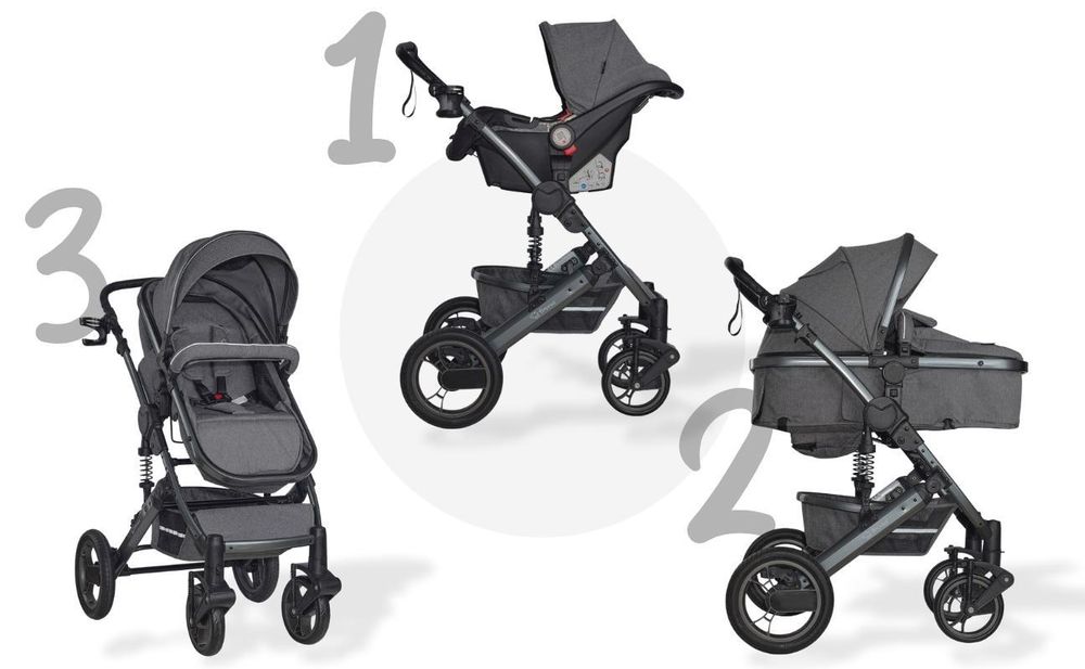 BRONEA® EXQUISE 2.0 Kombi-Kinderwagen 3-in-1 mit MATRATZE & AUTO-BABYSCHALE, Buggy, Wickeltasche, Regenhaube, Mücken- & Sonnenschutz - Grau/Schwarz