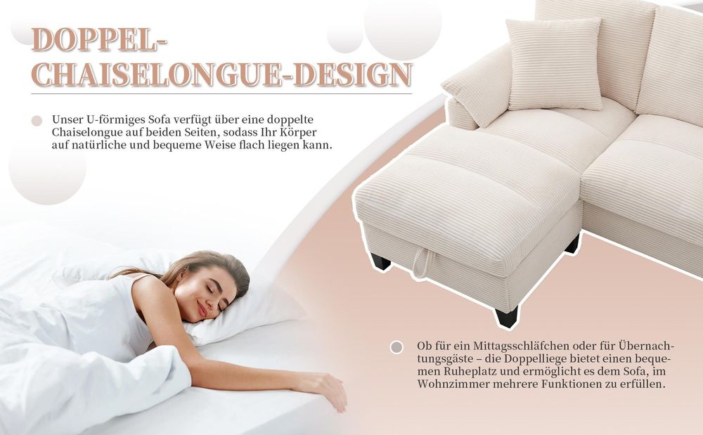 Merax 4-Sitzer U-förmiges Ecksofa, mit Bettkasten, Stauraum, Getränkehaltern, USB, Kissen, Modulares Sofa, Cordbezug, Couch, Couchgarnitur, Grau
