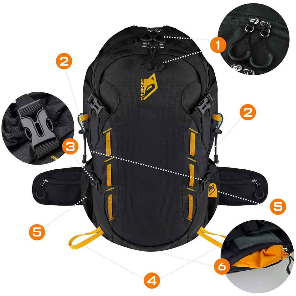 Wanderrucksack 40L Trekkingrucksack Herren & Damen, Titan-Core™ Nylon Outdoor Rucksack mit Regenschutz & Hüfttaschen, EVI SPORT Explorerpack Schwarz