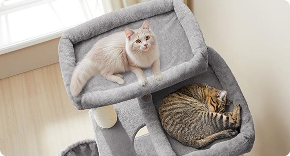 FEANDREA Kratzbaum 186 cm, Katzenbaum für große katzen, 13 dicken Säulen (11 cm d), stabil, Kippschutz, Cremeweiß