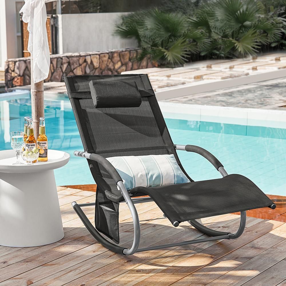 SoBuy OGS28-SCH Sonnenliege Gartenliege wetterfest Liegestuhl Schaukelstuhl mit Kopfkissen Relaxliege Schaukelliege Strandliege bis 150 kg Schwarz