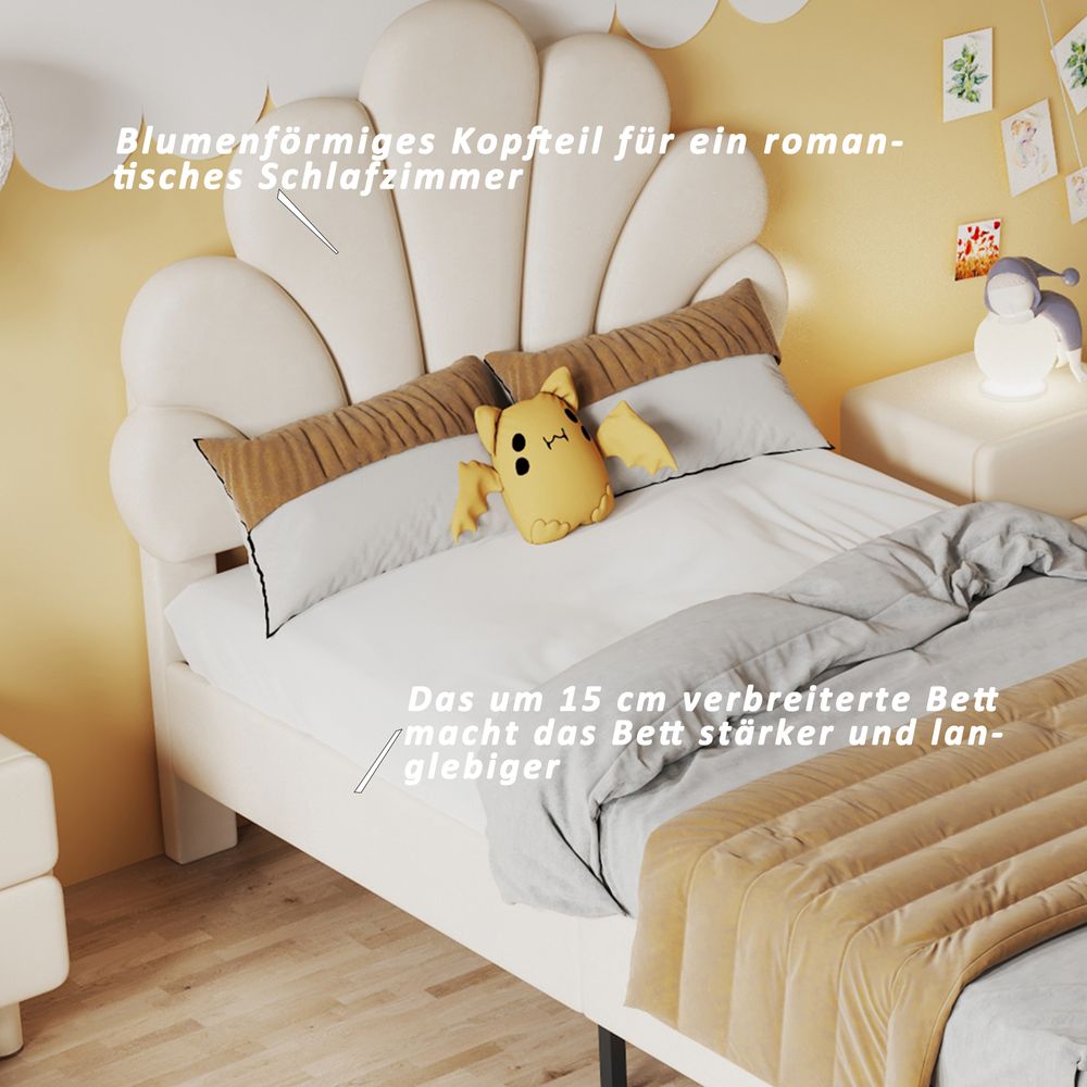 Flieks Polsterbett 90x200cm Samt mit Blumenform-Kopfteil und Lattenrost Einzelbett Kinderbett für Damen Kinder Jugend